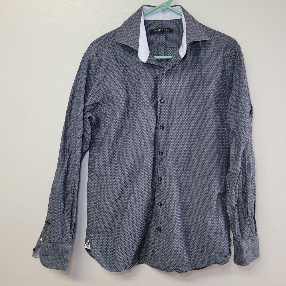 Hammer Made Button Up Shirt Gray Blue Mens 15.5 Textured Long Sleeve Cotton